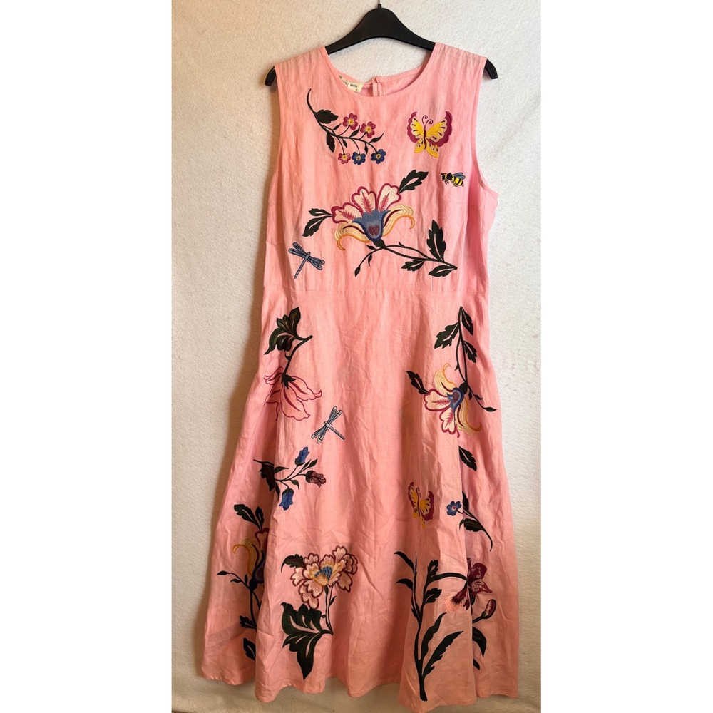 Fanm Mon Pink 100% Linen‎ Embroidered Floral Butterfly Midi Dress Womens L NWT